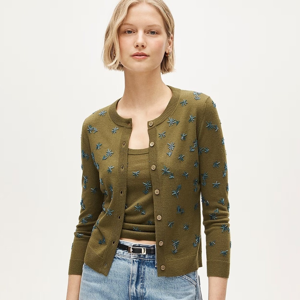 J. Crew Collection Crewneck Cardigan Merino Wool Beaded Embellishments Green S